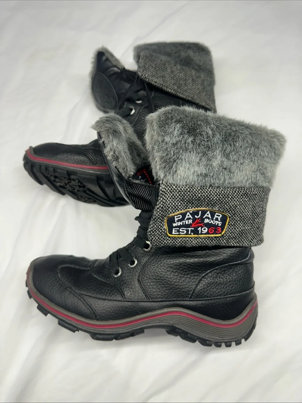 Pajar Women's Black Winter Boots with Gray Faux Fur Cuff and Red Trim